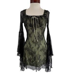 Cider Black Lace Bell Sleeve Mini Dress S Whimsigoth Forest Fairy Grunge Witchy